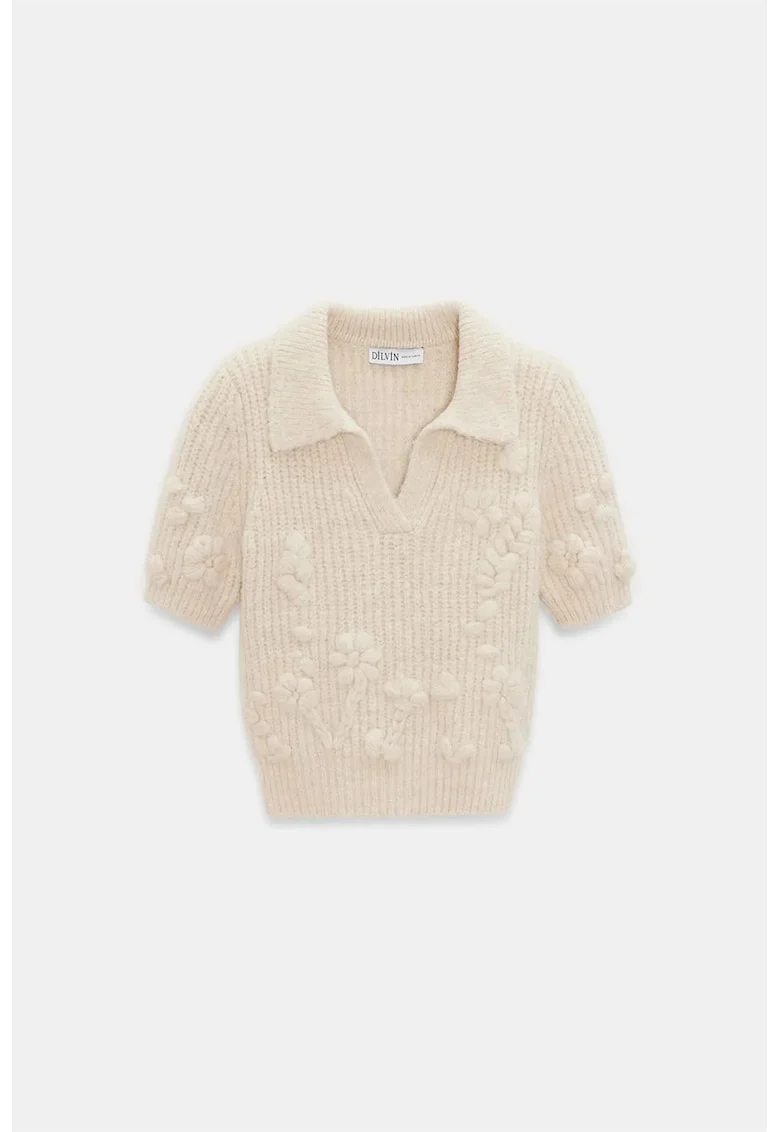 Pulover dama,  cu guler polo, texturat, crem natural, acrilic, poliamida, poliester,