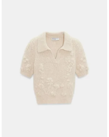 Pulover dama,  cu guler polo, texturat, crem natural, acrilic, poliamida, poliester,
