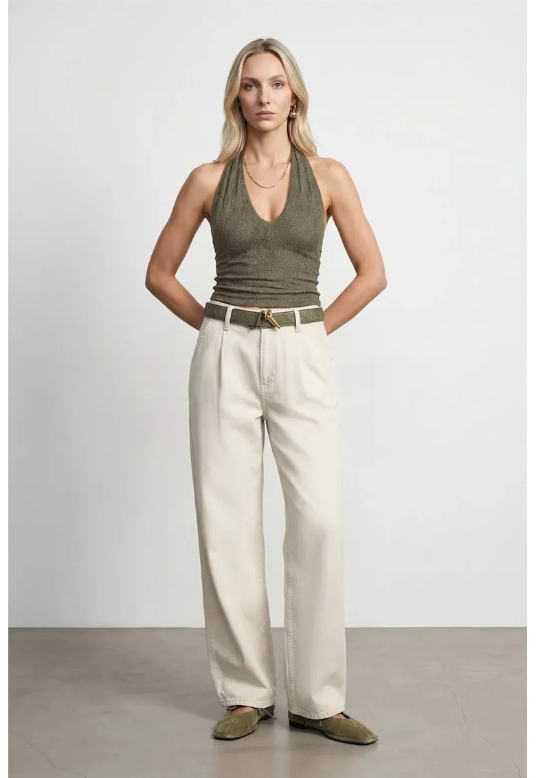 Pantaloni dama,  talie medie, croiala larga, crem natural, material crep tesut