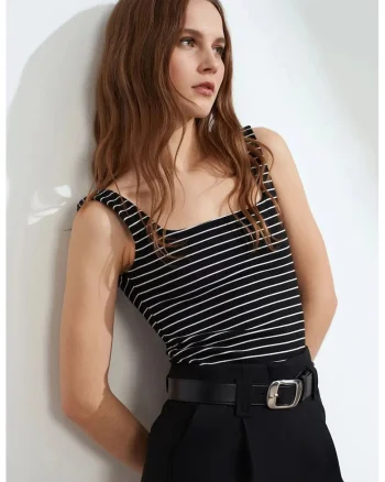 Bluze dama,  fara maneci, casual, cu nervuri, negru/alb, 95% bumbac