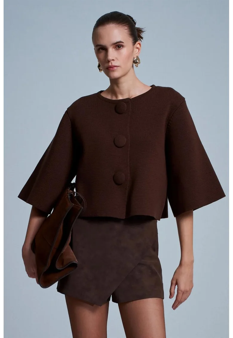 Cardigan  scurt, cu nasturi, maro cafea, acril si poliester,