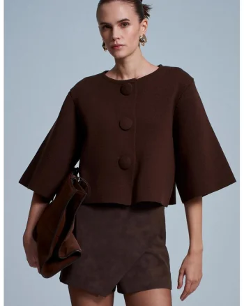 Cardigan  scurt, cu nasturi, maro cafea, acril si poliester,
