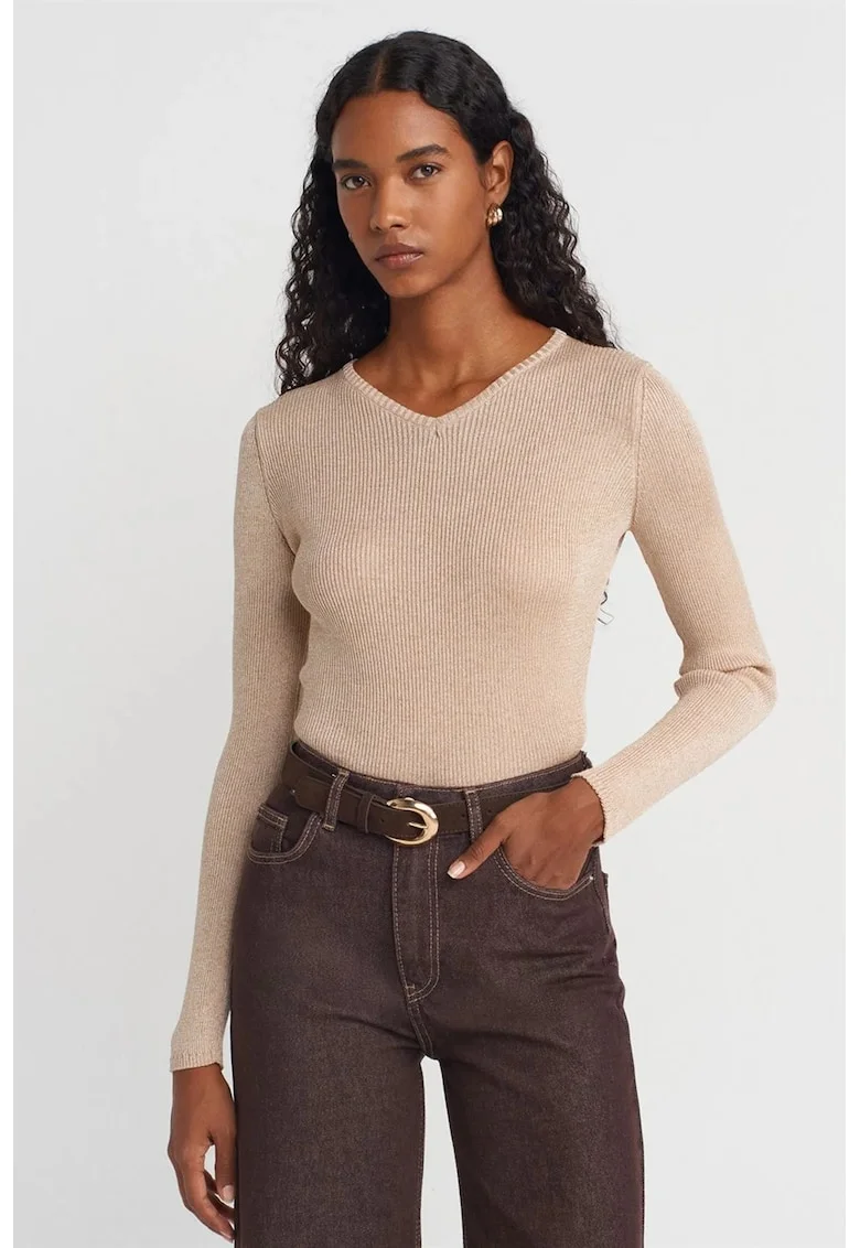 Pulover dama,  slim fit, decolteu in V, bej natural, tricot din poliester si viscoza,