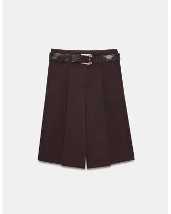 Pantaloni scurti,  talie inalta, curea, maro cafea, poliester-viscoza-elastan