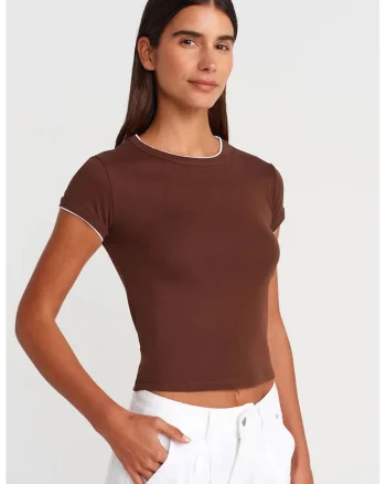 Tricou crop,  slim fit, bumbac, maro cafea