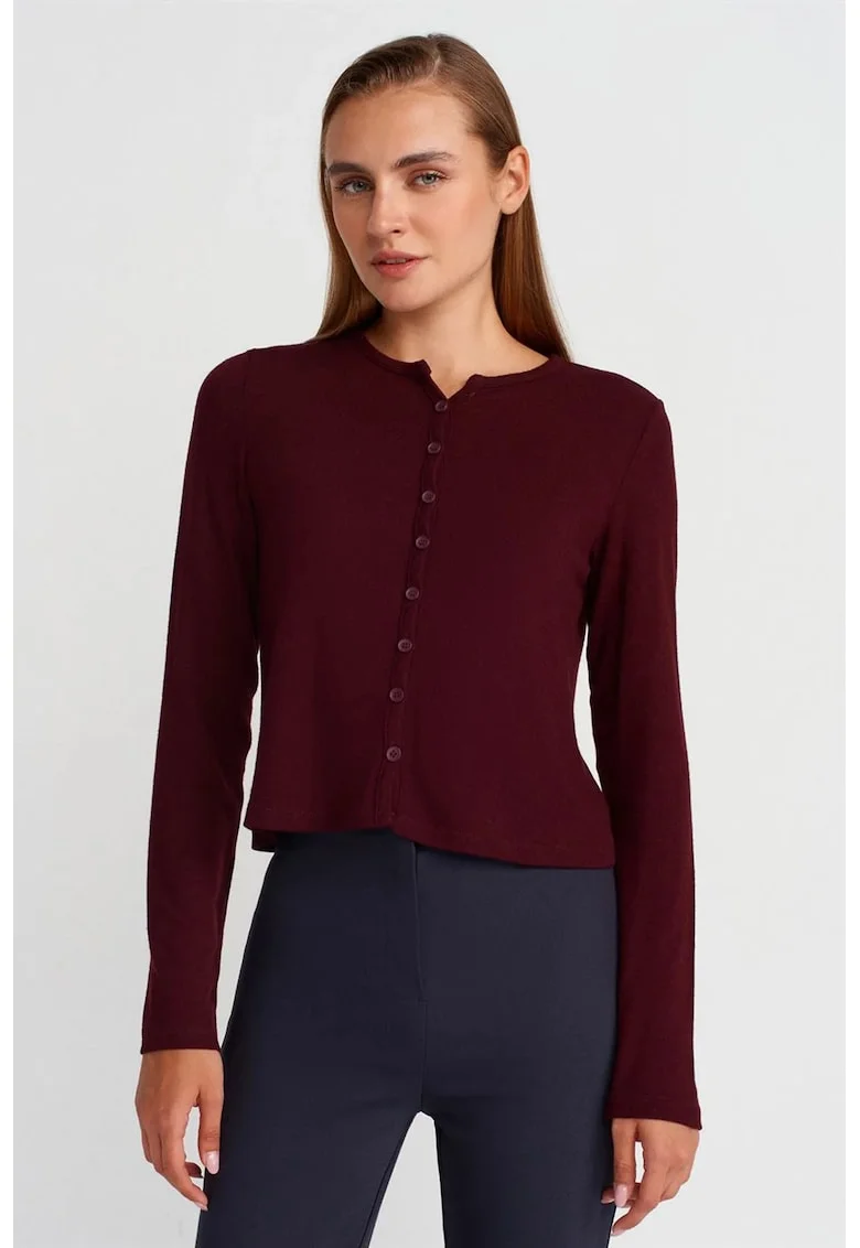 Cardigan  femei, rosu burgundy, tricot subtire, maneci lungi, inchidere cu nasturi