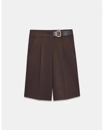 Pantaloni scurti,  talie inalta, picior larg, cu curea, maro cafea, poliester-viscoza-elastan