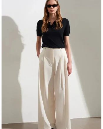 Pantaloni dama,  talie inalta, croiala larga, crem natural, crep,