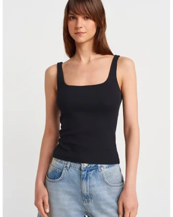 Bluza dama,  fara maneci, guler patrat, negru, bumbac si elastan