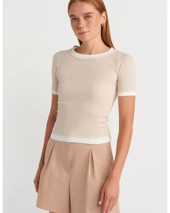 Tricou dama,  crop, bej natural, 100% bumbac, Bej Natural