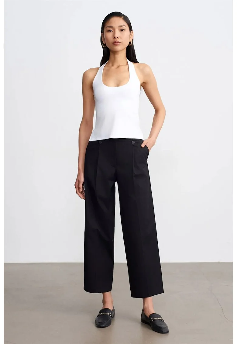 Pantaloni dama,  bumbac, talie inalta, picior larg, negru, Negru