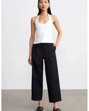 Pantaloni dama,  bumbac, talie inalta, picior larg, negru, Negru