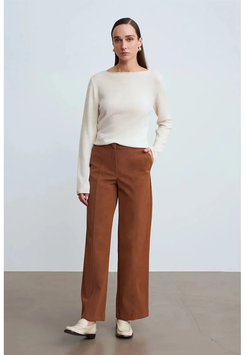 Pantaloni dama,  maro camel, imitatie de piele intoarsa, Maro camel