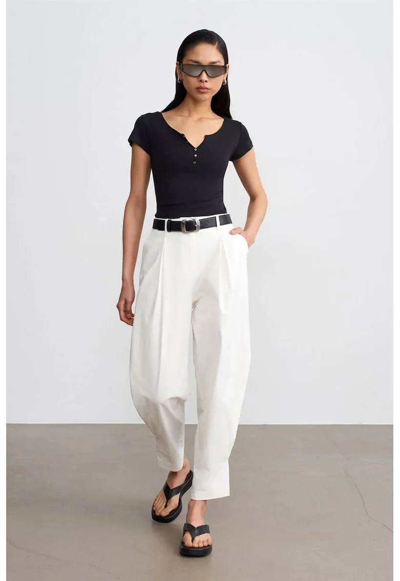 Pantaloni dama,  talie inalta, alb prafuit, poplin, Alb