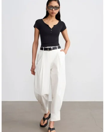 Pantaloni dama,  talie inalta, alb prafuit, poplin, Alb