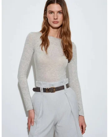 Pantaloni scurti,  talie inalta, curea, gri deschis, amestec poliester-viscoza-elastan