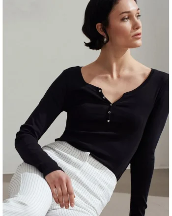 Bluza dama,  slim fit, maneca lunga, negru, bumbac