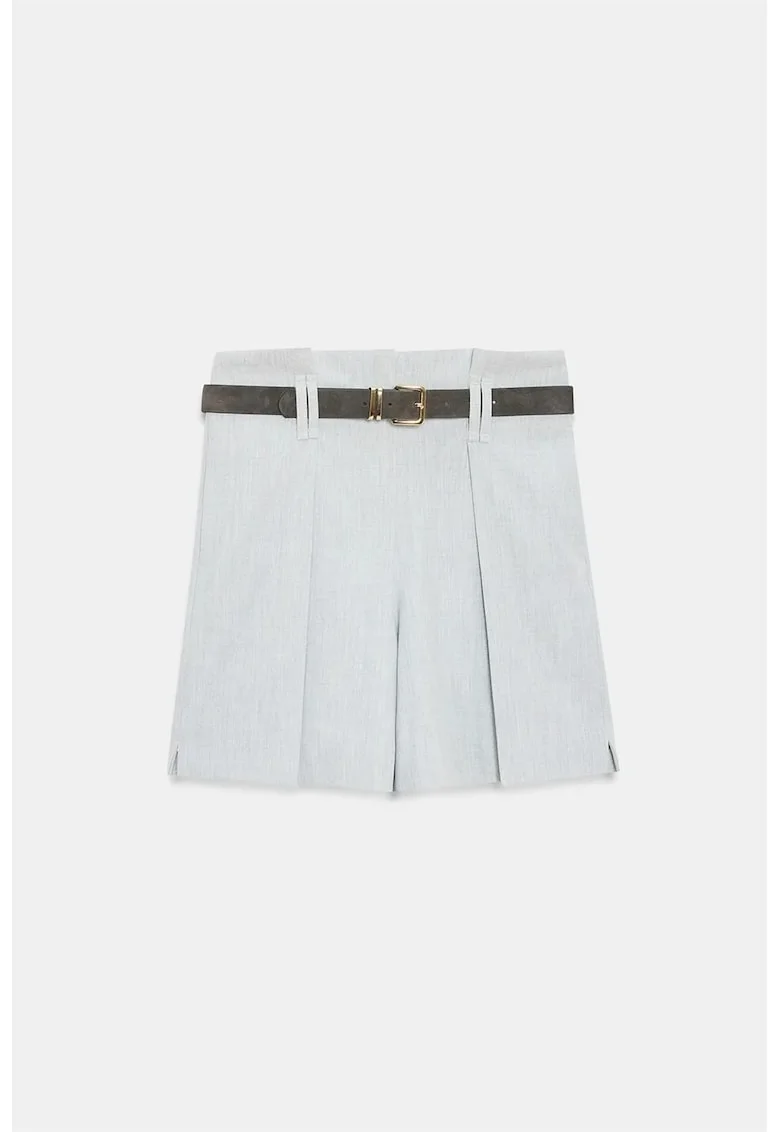 Pantaloni scurti,  talie inalta, cu curea, gri deschis, poliester-viscoza-elastan,