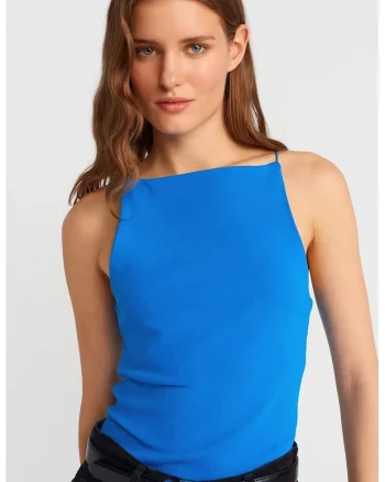 Bluza dama,  Bluza Slim-Fit Halterneck, casual, albastru cobalt, 94% bumbac