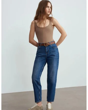 Blugi dama,  talie joasa, croiala dreapta, denim albastru mediu, 100% bumbac