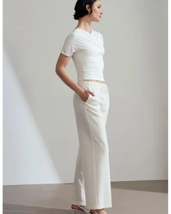 Pantaloni dama,  Wide Leg Pull-On, elastic, alb, poliester-viscoza-elastan