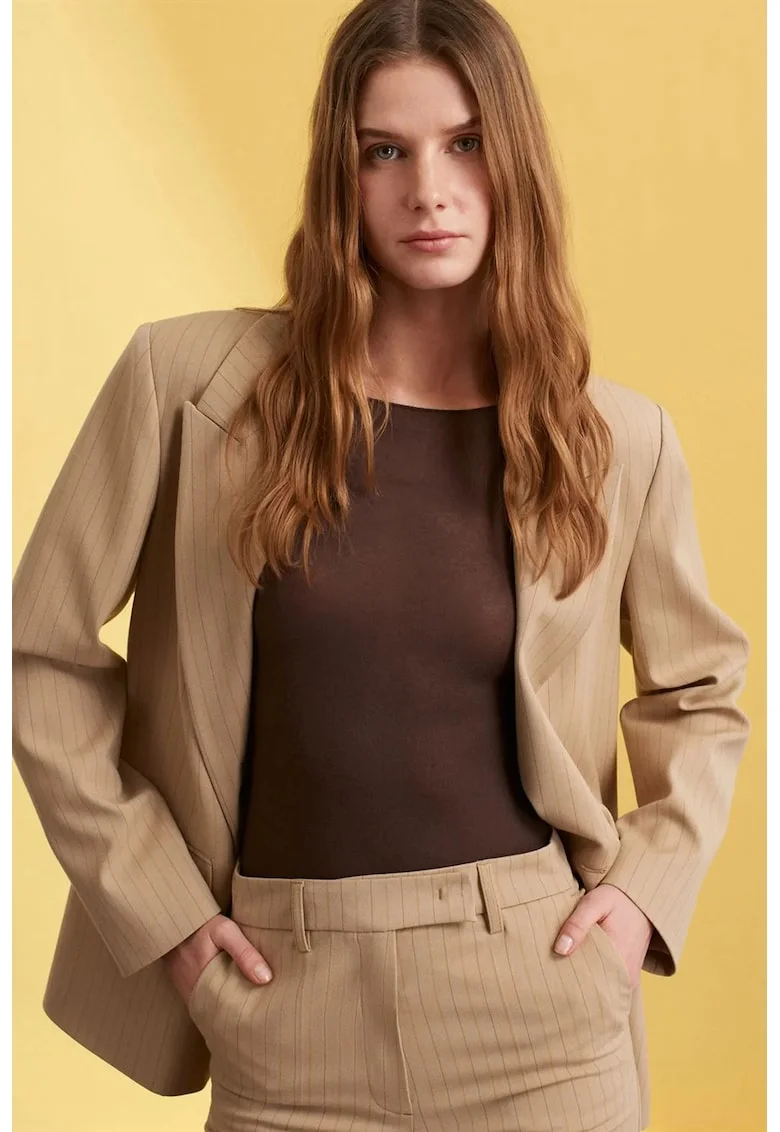 Sacou dama,  blazer din crep cu dungi, bej natural, maneca lunga, 62% poliester