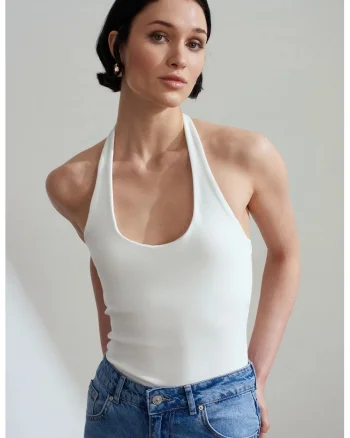 Bluza dama,  bluza fara maneci, alb, bumbac-elastan