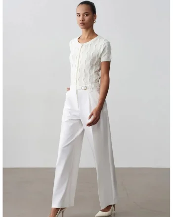 Pantaloni dama,  crep, croiala larga, alb