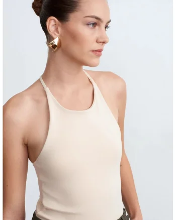 Bluza dama,  Bluza Slim Fit cu guler Halterneck, Bej Natural, 95% bumbac, 5% elastan