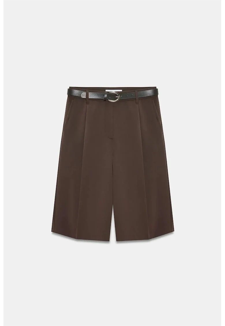 Pantaloni scurti,  talie inalta, picior larg, maro cafea, cu curea