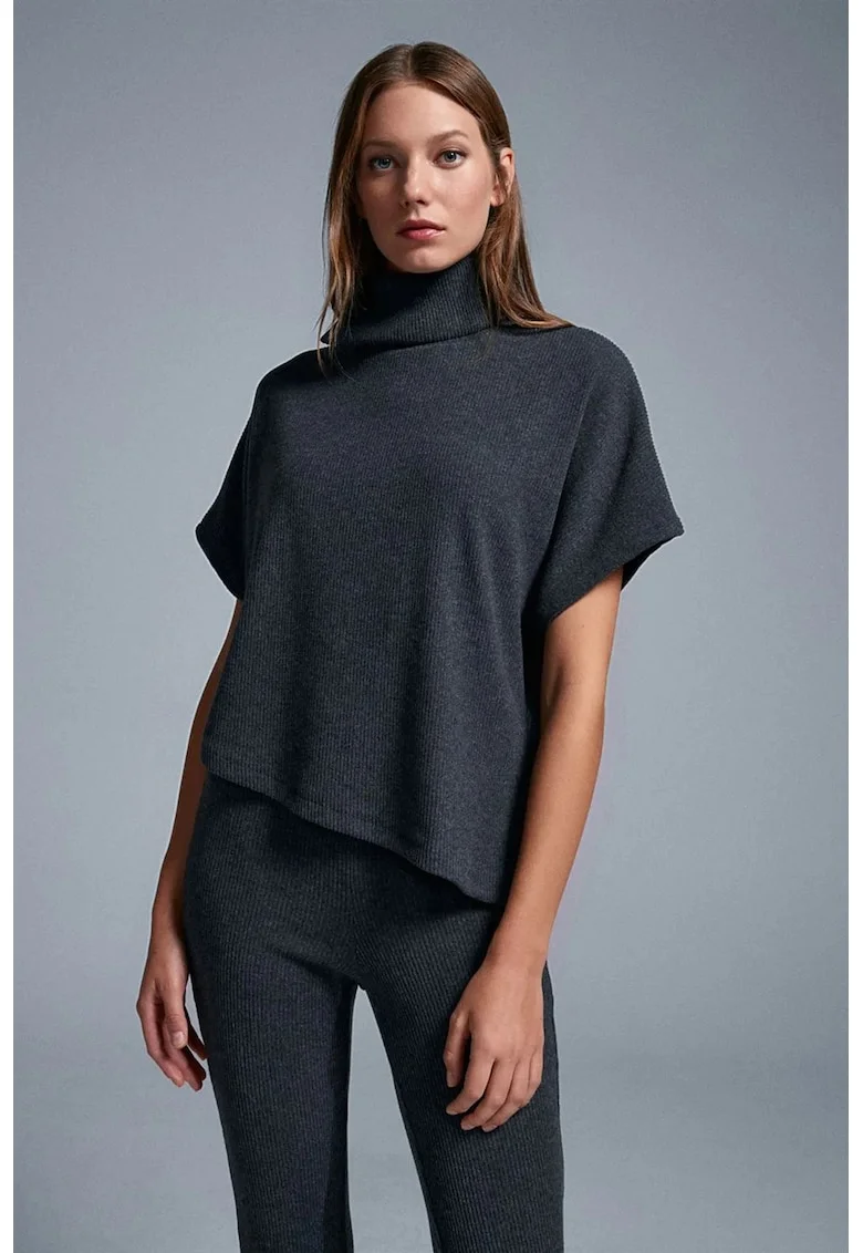 Bluza dama,  casual, gri antracit, tricotata, cu guler tip maleta, maneca scurta