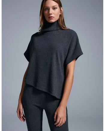 Bluza dama,  casual, gri antracit, tricotata, cu guler tip maleta, maneca scurta