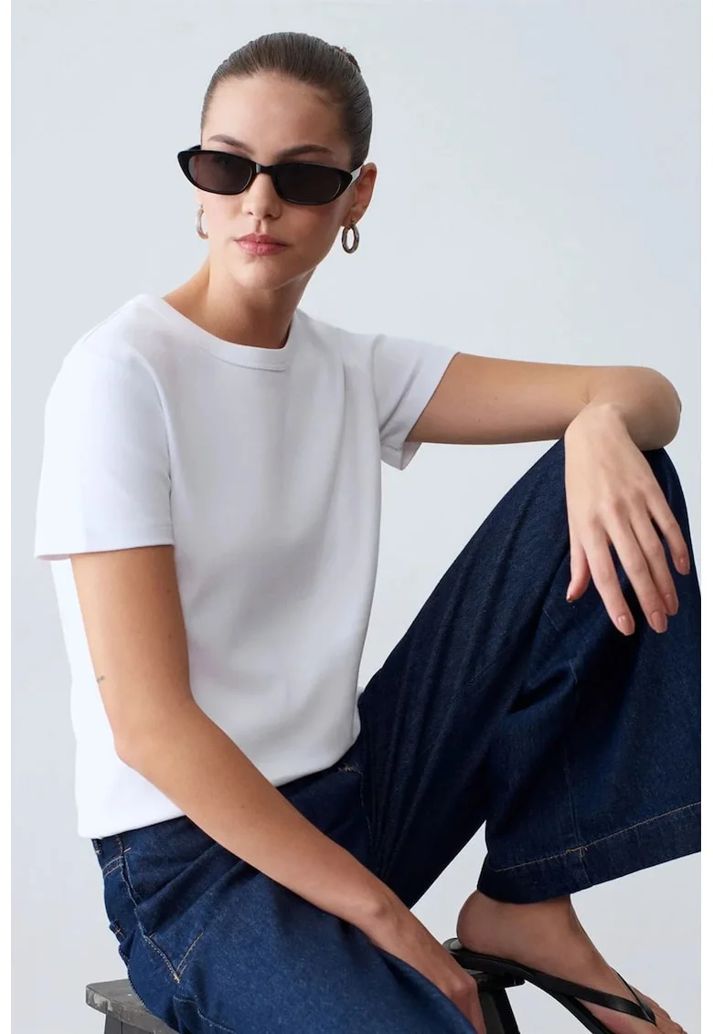 Tricou dama,  tricou cu guler rotund, alb, regular fit, 95% bumbac