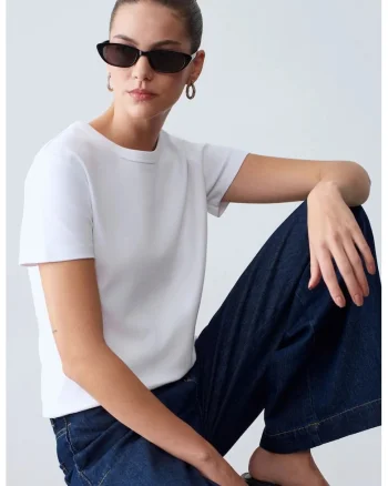Tricou dama,  tricou cu guler rotund, alb, regular fit, 95% bumbac