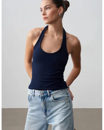 Bluza dama,  fara maneci, nervuri, albastru marin, bumbac elastan