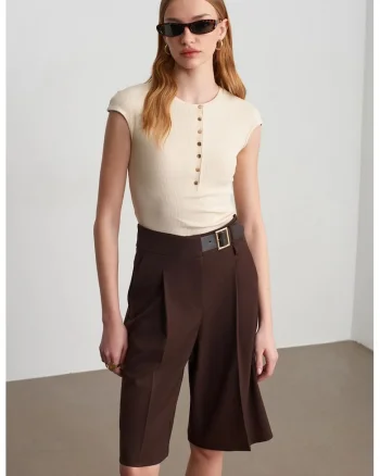 Tricou dama,  slim fit, crem natural, bumbac elastan