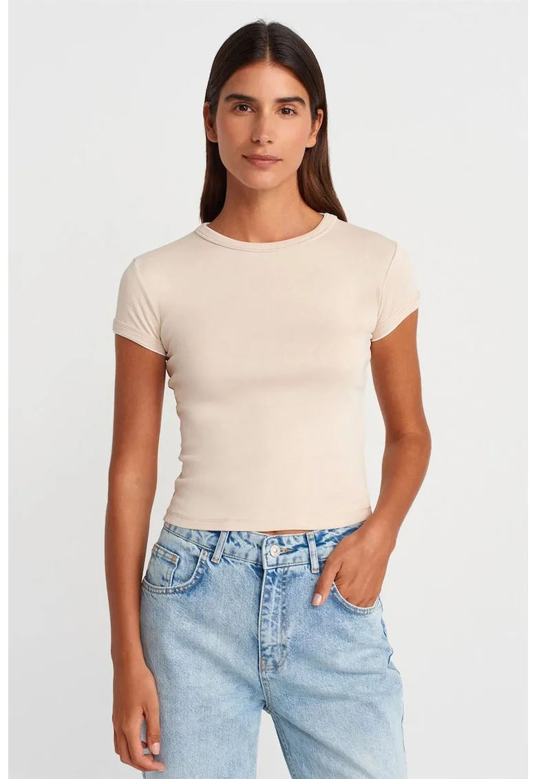Tricou crop,  slim fit, crem natural, bumbac