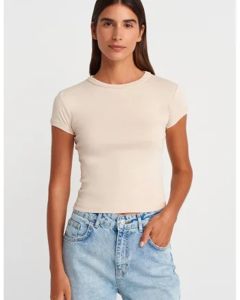 Tricou crop,  slim fit, crem natural, bumbac