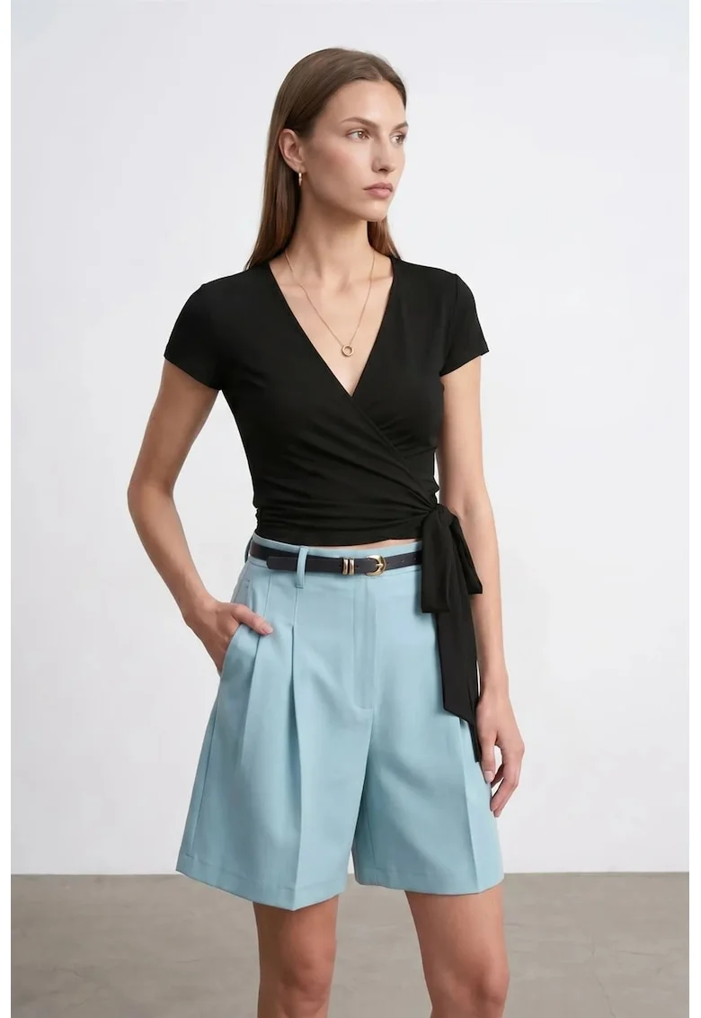 Bluza dama,  bluza scurta, negru, casual, detalii cu snur, 47% modal, 46% bumbac, 7% elastan