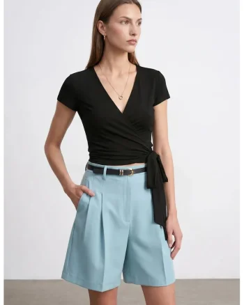 Bluza dama,  bluza scurta, negru, casual, detalii cu snur, 47% modal, 46% bumbac, 7% elastan