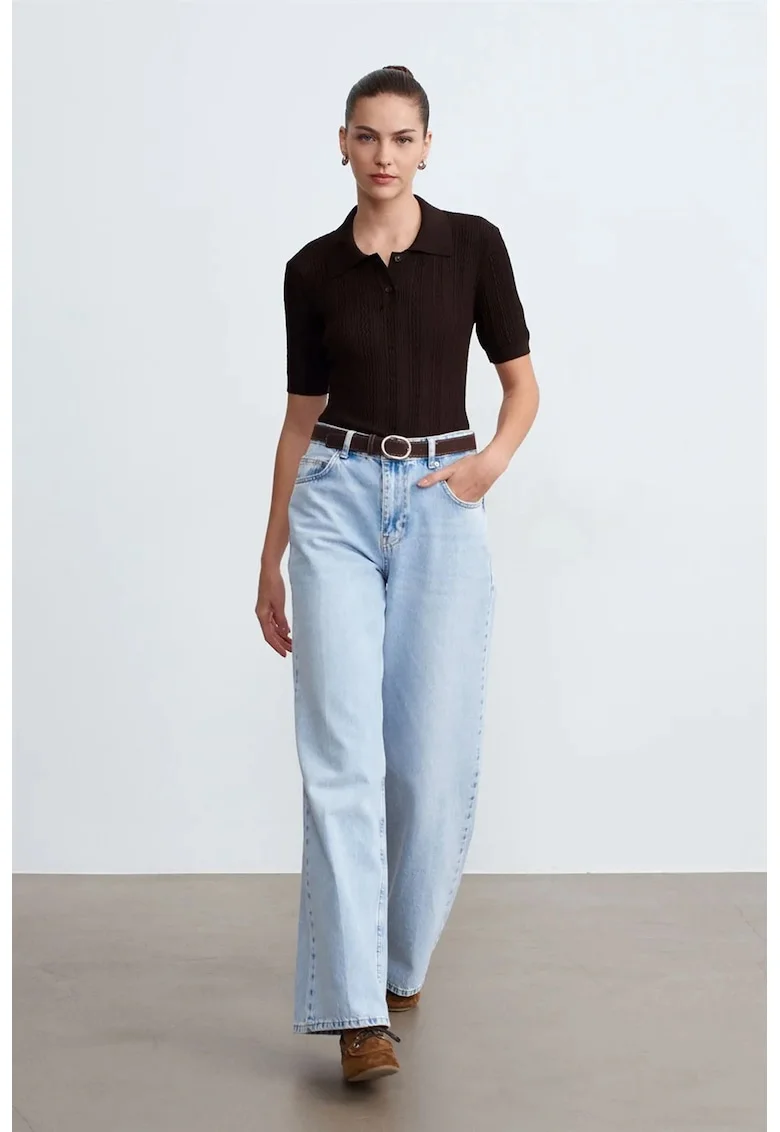Blugi dama,  talie inalta, picior larg, denim albastru deschis, 100% bumbac