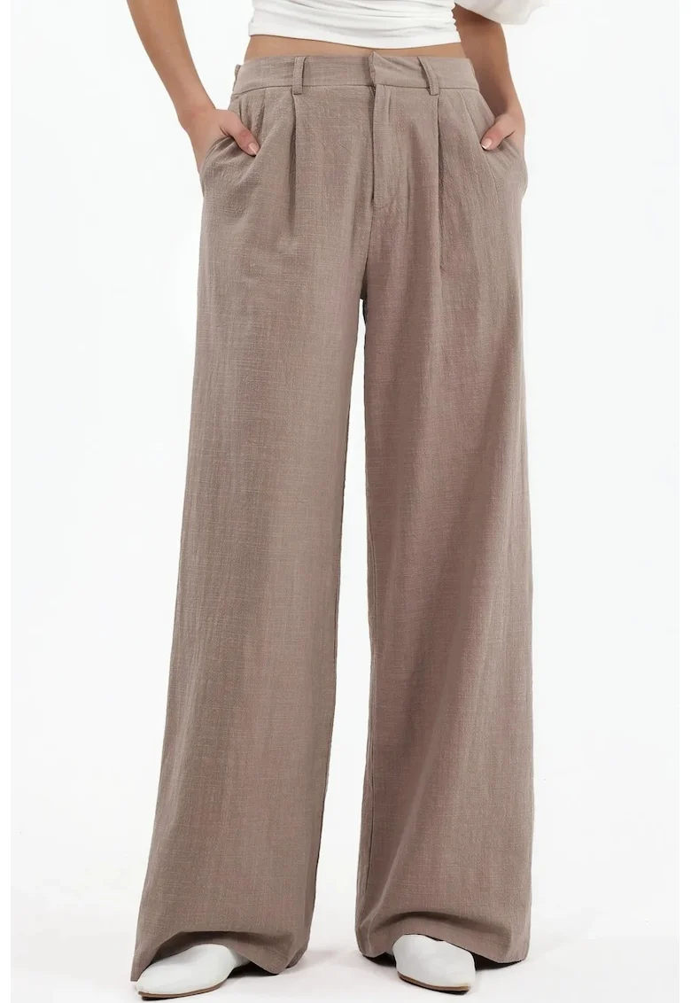 Pantaloni dama,  Palazzo, talie inalta, culoare maro, 100% bumbac