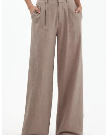 Pantaloni dama,  Palazzo, talie inalta, culoare maro, 100% bumbac