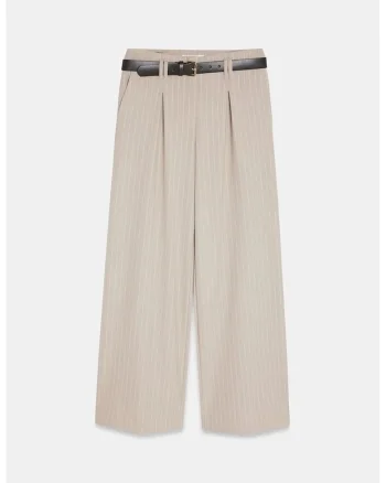 Pantaloni dama,  plisati, casual, bej natural, poliester-viscoza-elastan