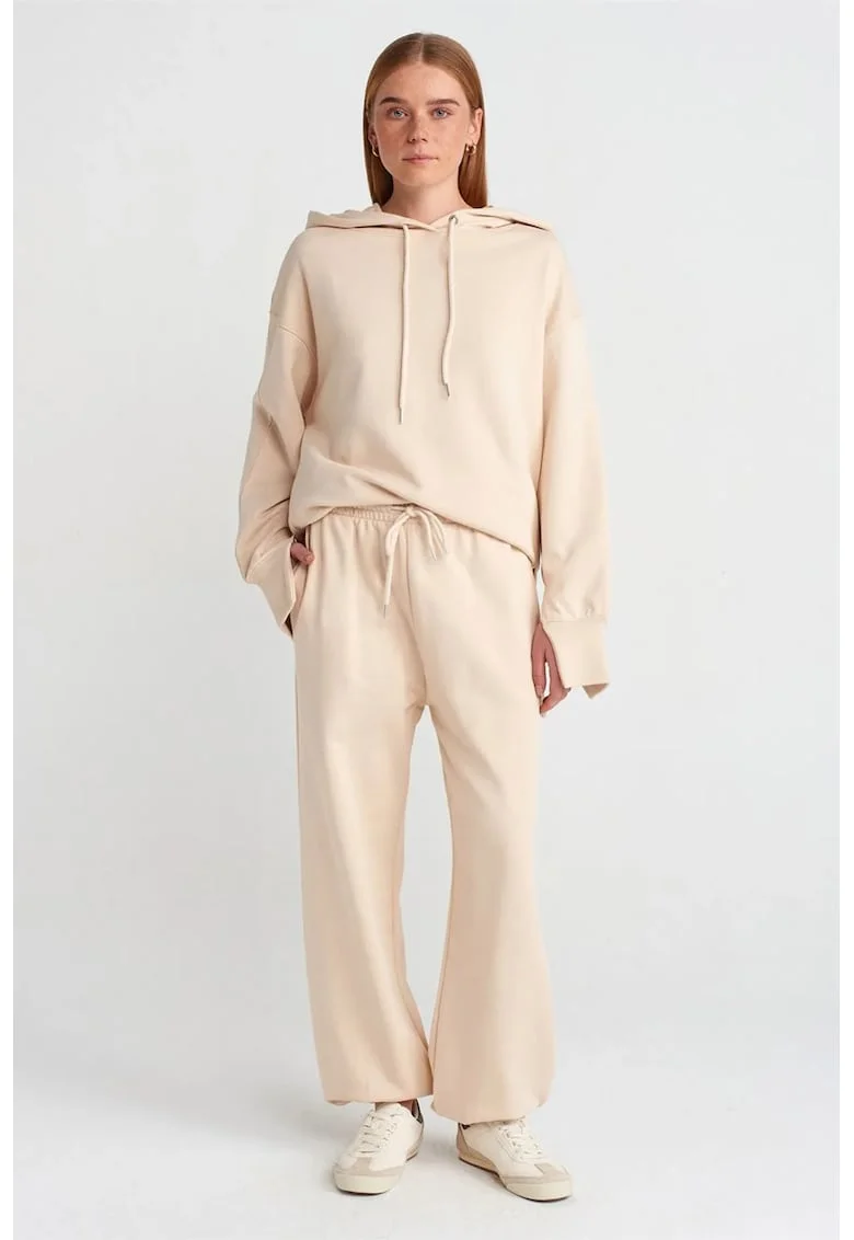 Pantaloni dama,  jogger din fleece cu picior larg, bej natural, 80% bumbac, 20% poliester
