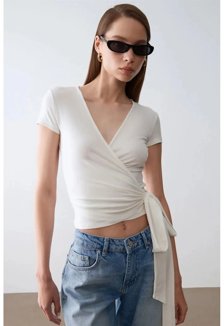 Bluza dama,  Bluza Crop Wrap, detalii cu snur, alb prafuit, 47% modal, 46% bumbac, 7% elastan