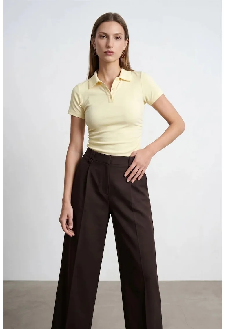 Tricou Polo Crop Femei  Galben Lamaie, Slim Fit, Maneca Scurta, Bumbac-Viscoza-Elastan