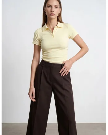 Tricou Polo Crop Femei  Galben Lamaie, Slim Fit, Maneca Scurta, Bumbac-Viscoza-Elastan