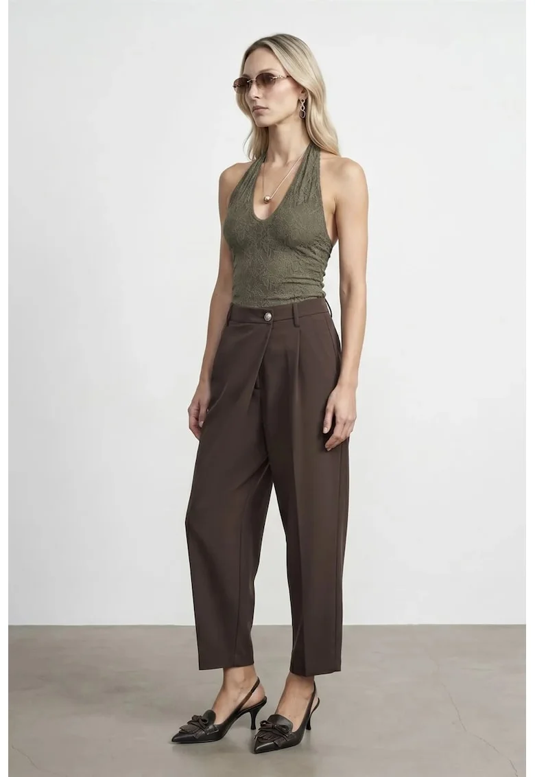 Pantaloni dama,  talie inalta, picior larg, maro cafea, crep