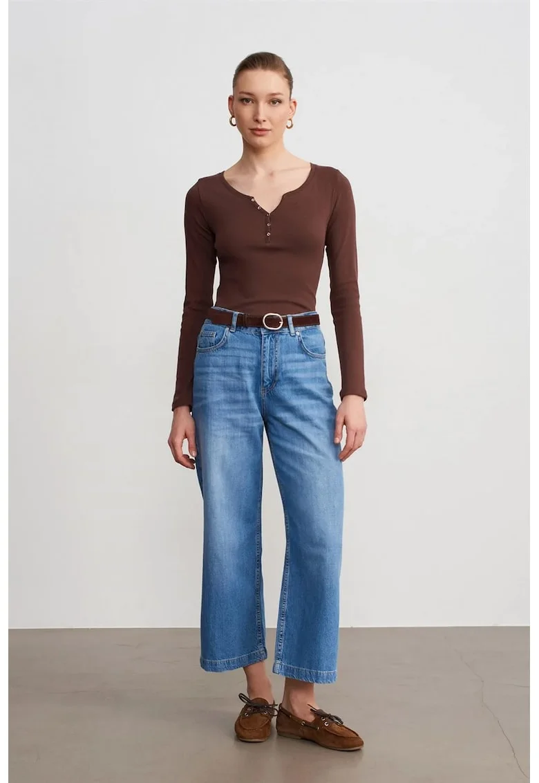 Blugi dama,  talie inalta, croiala larga, denim albastru mediu